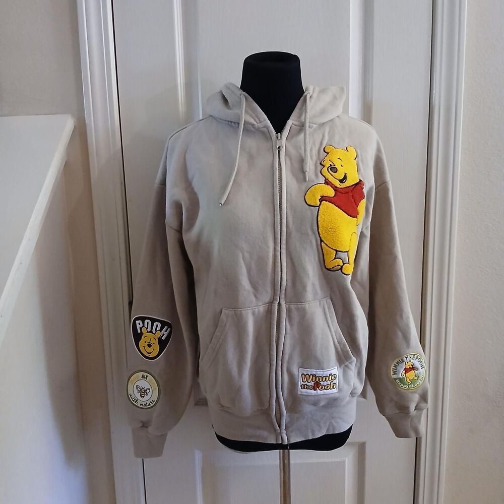 Y2K Style Disney Winnie the Pooh Embroidered Graphic Patch Zip-Up Hoodie S Cozy